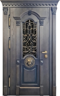 Металлическая термодверь с капителями, стеклом и кованой решеткой (МДФ с резьбой и декором «лев») Металлическая термодверь с капителями, стеклом и кованой решеткой (МДФ с резьбой и декором «лев»)