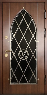 Стальная термодверь с фигурным стеклопакетом и авторской ковкой с монограммой (МДФ шпон)