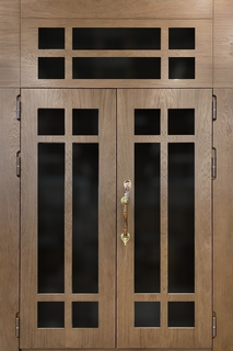 Двустворчатая остеклённая термодверь с фрамугой и парадной ручкой (МДФ со шпоном)