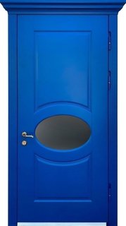 Стальная термодверь с карнизом и овальным стеклом (отделка МДФ RAL – синий) Стальная термодверь с карнизом и овальным стеклом (отделка МДФ RAL – синий)