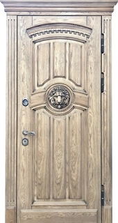 Стальная морозоустойчивая термодверь с карнизом и резьбой (МДФ со шпоном) Стальная морозоустойчивая термодверь с карнизом и резьбой (МДФ со шпоном)