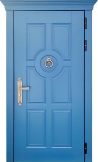 Металлическая термодверь с карнизом, кнокером и ручкой на планке «ретро» (панели МДФ RAL синий) Металлическая термодверь с карнизом, кнокером и ручкой на планке «ретро» (панели МДФ RAL синий)