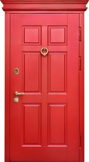 Утепленная термодверь с кнокером и карнизом (окрашенные панели МДФ RAL – белый и красный тон) Утепленная термодверь с кнокером и карнизом (окрашенные панели МДФ RAL – белый и красный тон)