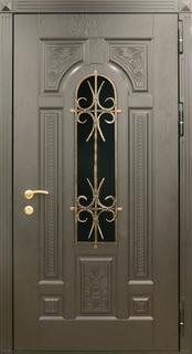 Входная непромерзающая термодверь с окном и ковкой (плиты МДФ) Входная непромерзающая термодверь с окном и ковкой (плиты МДФ)