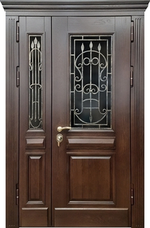 Металлическая полуторная термодверь с решетками, стеклами и карнизом (отделка – МДФ шпон с багетом)