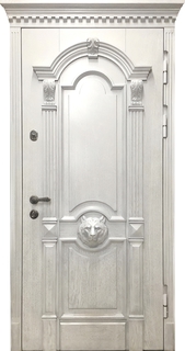 Металлическая термодверь с карнизом и резьбой «медведь» (МДФ RAL белый) Металлическая термодверь с карнизом и резьбой «медведь» (МДФ RAL белый)