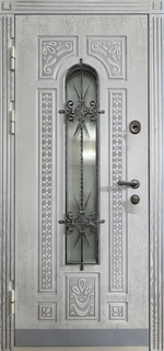 Металлическая термодверь с остеклением, отбойником и ковкой (панели МДФ с фрезеровкой) Металлическая термодверь с остеклением, отбойником и ковкой (панели МДФ с фрезеровкой)