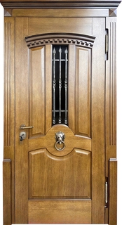 Входная термодверь с карнизом, кнокером, стеклом и ковкой (МДФ со шпоном) Входная термодверь с карнизом, кнокером, стеклом и ковкой (МДФ со шпоном)