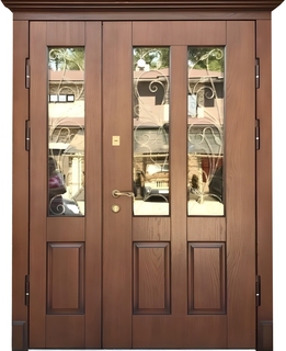 Стальная полуторная дверь с терморазрывом, остеклением, карнизом и ковкой (МДФ шпон)