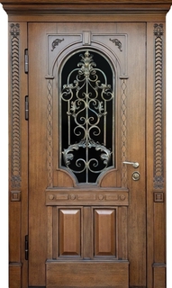 Входная термодверь с карнизом, ковкой, стеклом и резьбой (отделка МДФ) Входная термодверь с карнизом, ковкой, стеклом и резьбой (отделка МДФ)